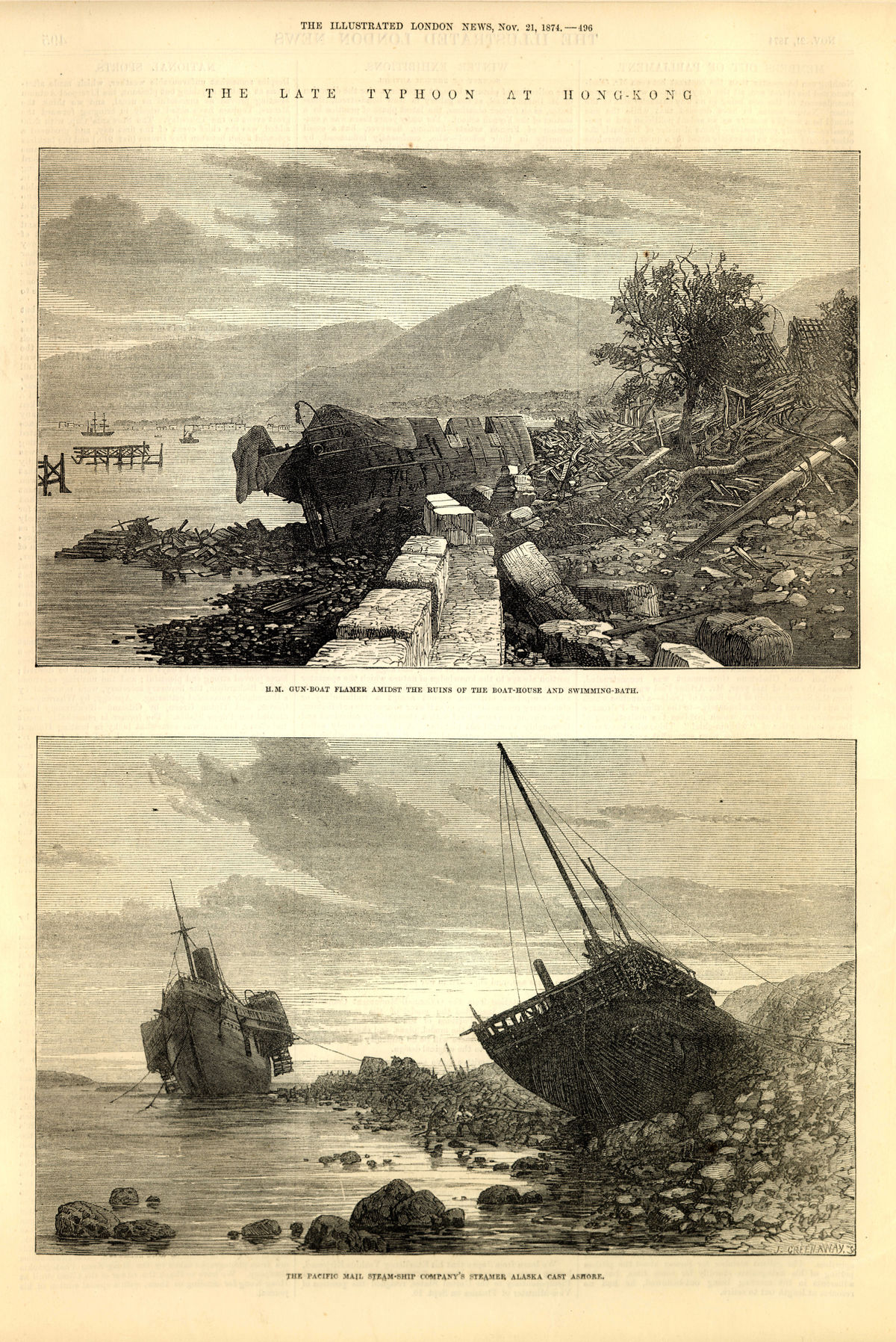 Boats were dashed onto the rocks by the storm of 1874, as shown in the Illustrated London News. Courtesy of Mr Shun Chi-ming/Hong Kong Observatory