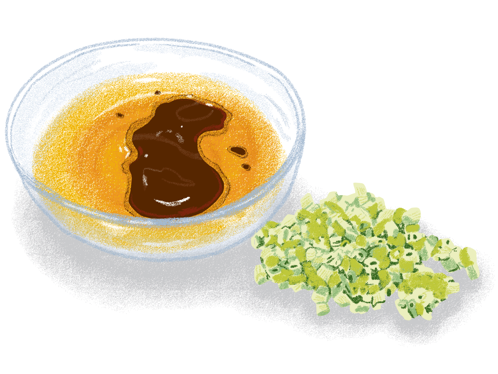 Garnish: sauces (Soy sauce, Sesame oil) and Chinese yellow chives