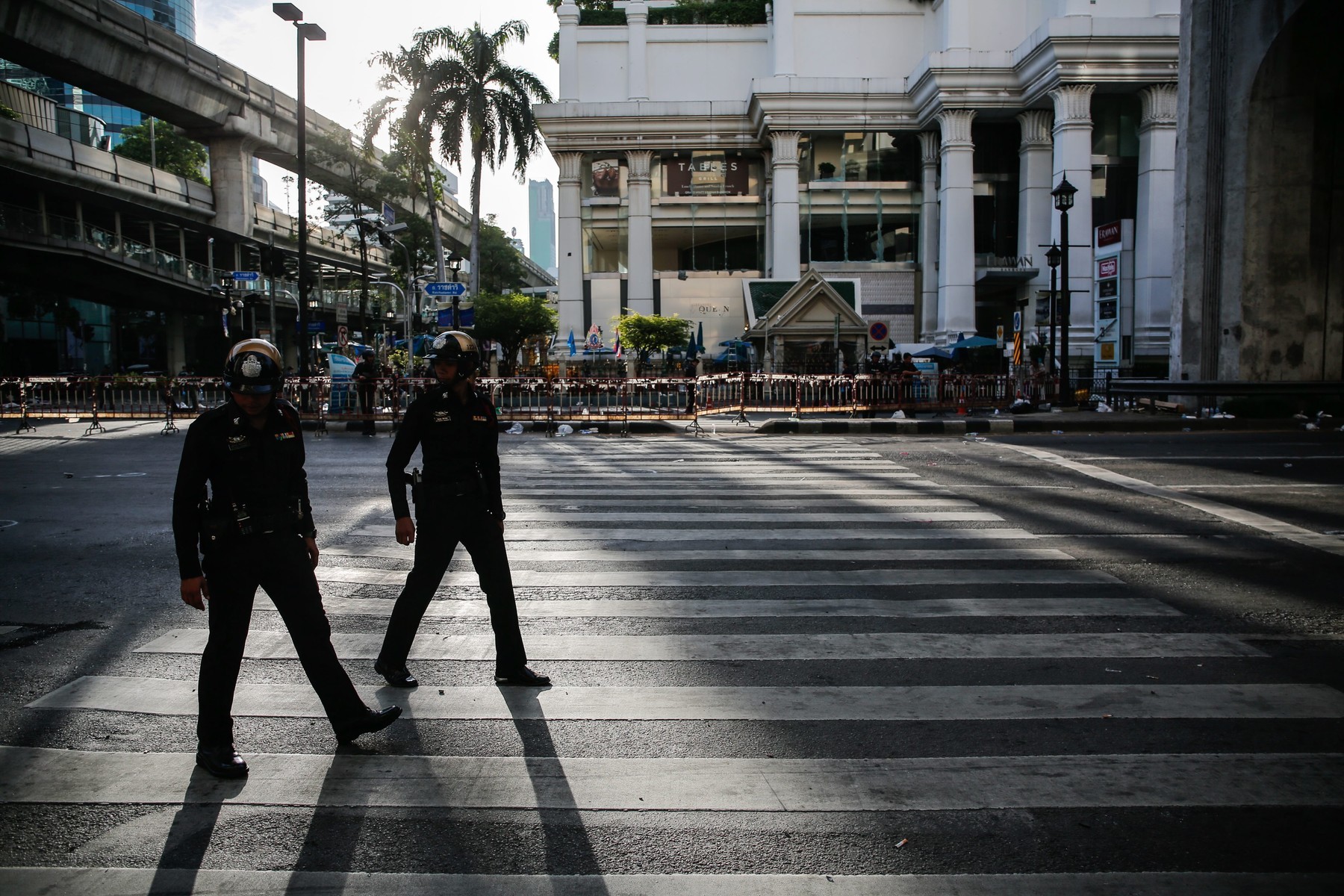Erawan Shrine from across Ratchadamri Road, on the morning after the bombing attack.