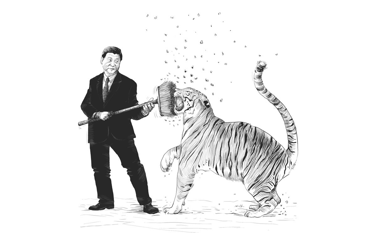 Xi Jinping fending off tiger, flies