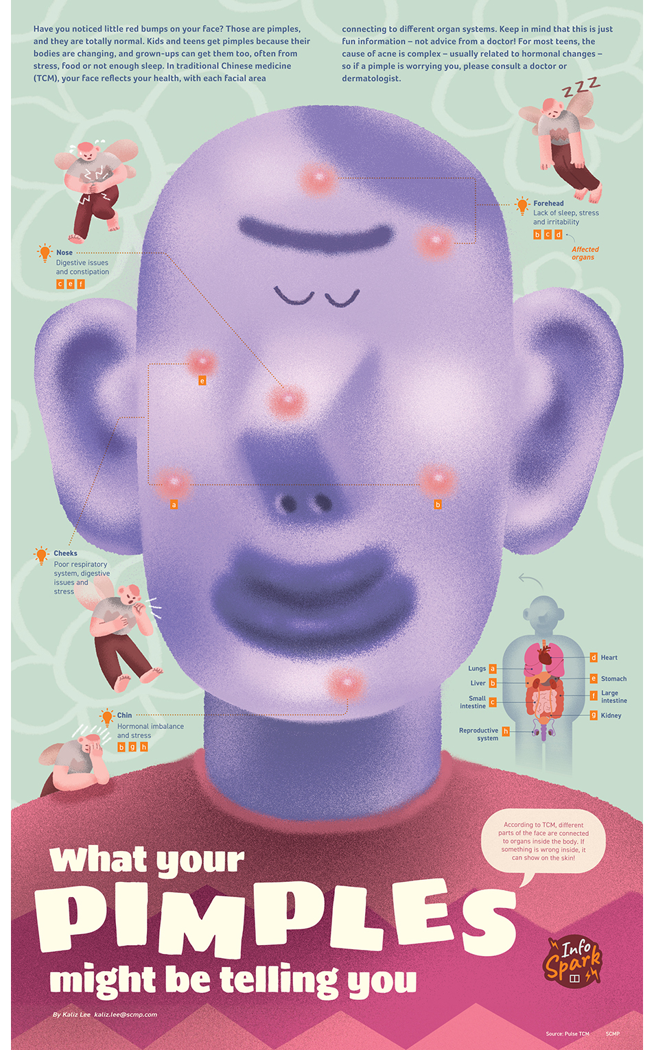 <b><big>4º What your PIMPLES might be telling you</big></b><br><br><i>By Kaliz Lee</i><br><br><div class='mbhd'>According to TCM, different parts of the face are connected to organs inside the body. If something is wrong inside, it can show on the face</div><div class='mbsh'><big><big>⤢</big></big> Pinch to zoom</div><br>
              <div class='mbhd'><a href=https://www.scmp.com/yp/spark/stories/article/3310587/infospark-what-your-pimples-might-be-telling-you-based-traditional-chinese-medicine target='_blank' style='color: #0084ff'><i>Link to article</i></a></div>
              <div class='mbsh2'><a href=https://www.scmp.com/yp/spark/stories/article/3310587/infospark-what-your-pimples-might-be-telling-you-based-traditional-chinese-medicine target='_blank' style='color: #0084ff'><i>Link to article</i></a></div>