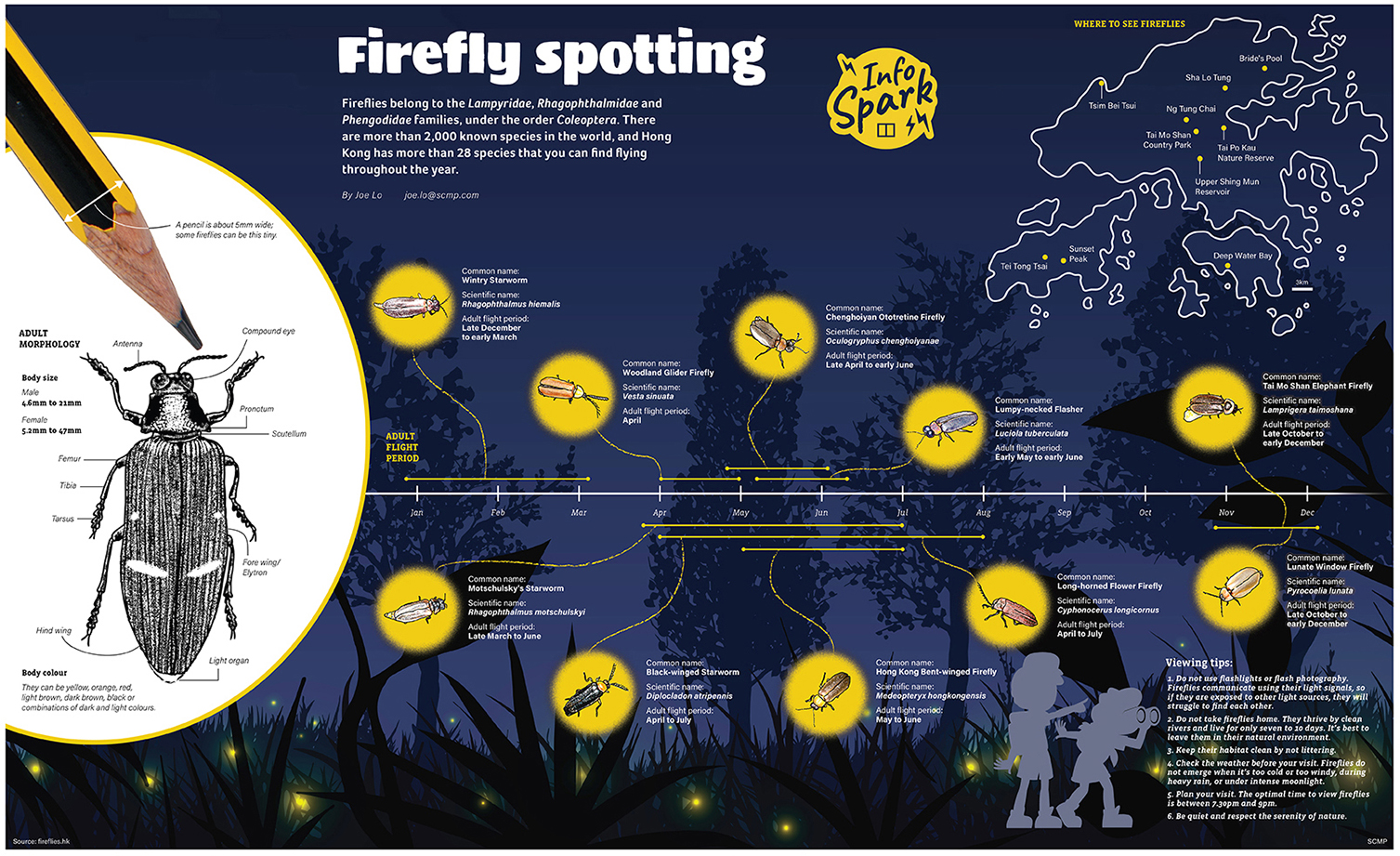 <b><big>9º Firefly spotting</big></b><br><br><br><i>By Joe Lo</i><br><br><div class='mbhd'>Fireflies belong to the Lampyridae, Rhagophthalmidae and Phengodidae families, under the order Coleoptera. There are more than 2,000 known species in the world, and Hong Kong has more than 28 species that you can find flying throughout the year.</div><div class='mbsh'><big><big>⤢</big></big> Pinch to zoom</div><br>
              <div class='mbhd'><a href=https://www.scmp.com/yp/spark/stories/article/3288600/infospark-fireflies-hong-kong-how-and-where-spot-them target='_blank' style='color: #0084ff'><i>Link to article</i></a></div>
              <div class='mbsh2'><a href=https://www.scmp.com/yp/spark/stories/article/3288600/infospark-fireflies-hong-kong-how-and-where-spot-them target='_blank' style='color: #0084ff'><i>Link to article</i></a></div>