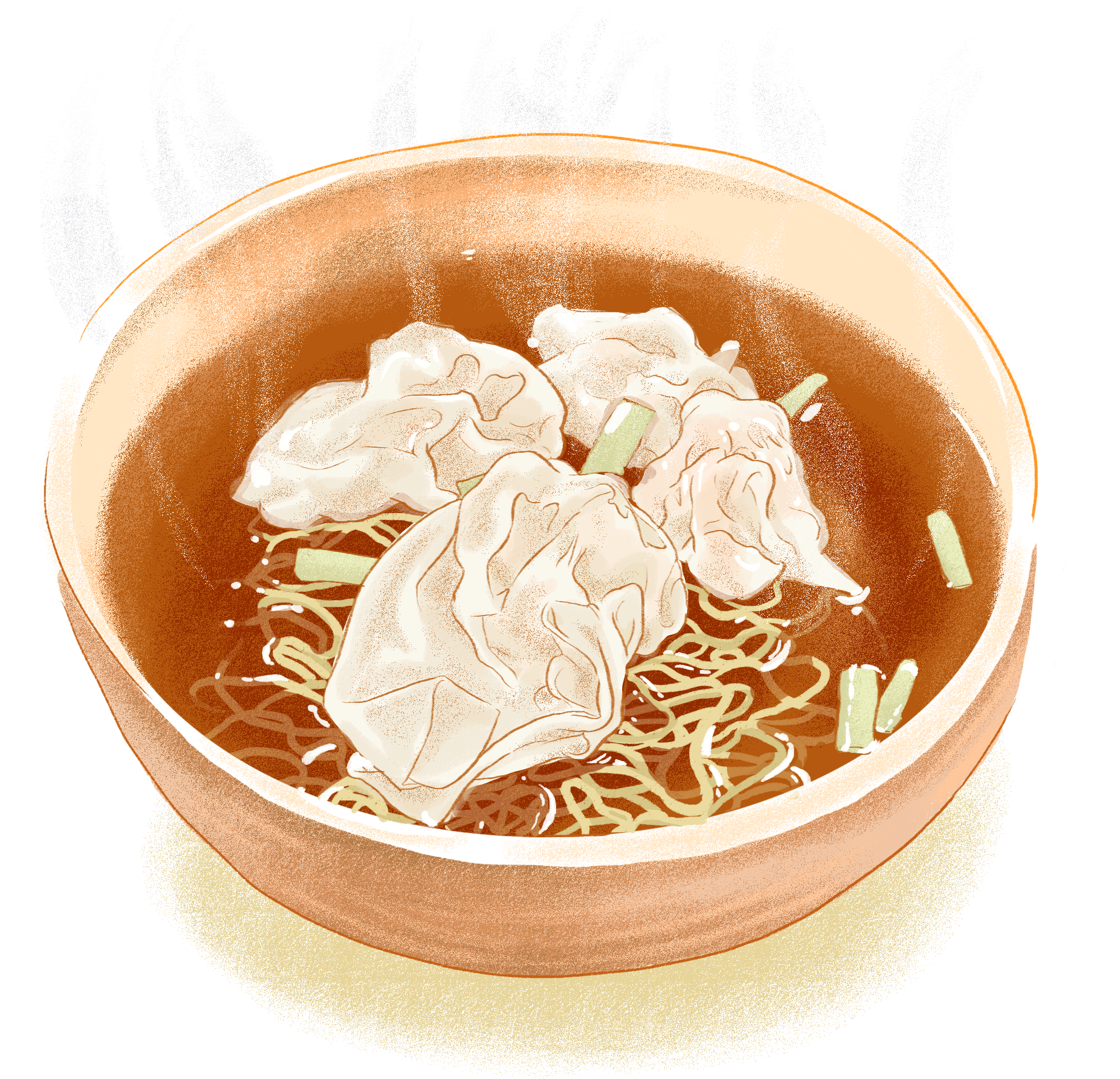 A bowl of wonton noodles with soup fuming