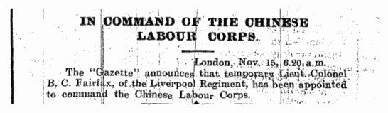 In command of the Chinese Labour Corps